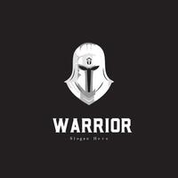 un cautivador logo de un poderoso guerrero en un misterioso negro fondo, negro y blanco logo vector