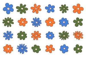 Groovy hippie 70s set. Funny cartoon flower, daisy, etc. Sticker pack in trendy retro p vector