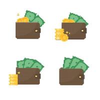 8-bit Pixel Art Cash Money icons set. Pixel Wallet with banknotes Payment icons in retro game style. Editable vector