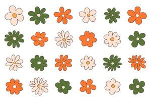 Groovy hippie 70s set. Funny cartoon flower, daisy, etc. Sticker pack in trendy retro p vector