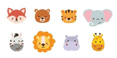 Pixel art animals icons Collection. 8 bit retro style illustration set of tiger, bear, fox, hippo giraffe,zebra,lion, elephant. Best for mobile game design, decoration, stickers. vector