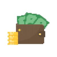 8-bit Pixel Art Cash Money icons set. Pixel Wallet with banknotes Payment icons in retro game style. Editable vector