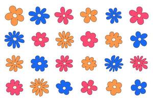 Groovy hippie 70s set. Funny cartoon flower, daisy, etc. Sticker pack in trendy retro p vector