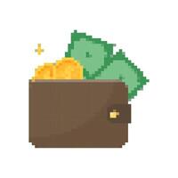 8-bit Pixel Art Cash Money icons set. Pixel Wallet with banknotes Payment icons in retro game style. Editable vector