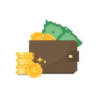 8-bit Pixel Art Cash Money icons set. Pixel Wallet with banknotes Payment icons in retro game style. Editable vector