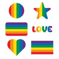 Gay pride month rainbow symbols set. Flat illustration isolated. Flag heart love circle star objects. vector