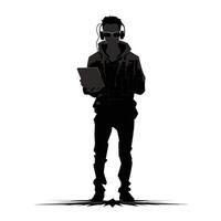 Modern Silhouette of Man with Headphones and Tablet vector