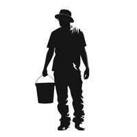 Silhouette of Man Holding Bucket with Straw on Shoulder vector