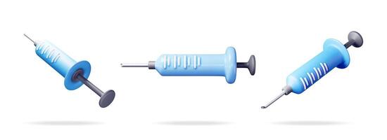 3d set of syringe icon isolated. Render collection of medical plastic vaccination syringe. Injection syringe needles. Healthcare hospital medical diagnostics. Urgency emergency. vector