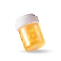 3D glass bottle full of pills. Render medicine package for pills, capsule, drugs. Box for illness and pain treatment. Medical drug, vitamin, antibiotic. Healthcare pharmacy. vector