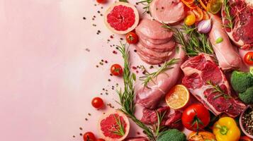 Variety organic meat products on the top view background photo