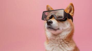 Akita Inu dog with 3d VR glasses on the isolated background photo