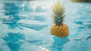 A pineapple floating on the water of a pool top view photo