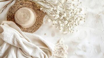 Summer Composition, hat and flowers top view summer background photo