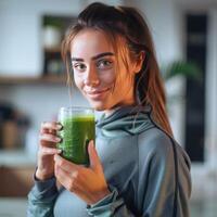 A woman drinking a green smoothie photo