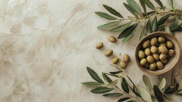 Branches with olives background, Boho composition top view photo