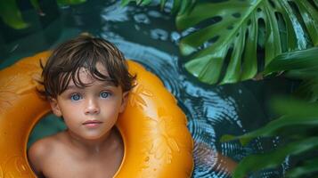 pequeño chico sentado en un boya salvavidas en un piscina, parte superior ver tropical antecedentes foto