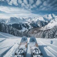 Mountainous winter landscape, skates front view background photo