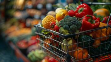 Isolated Shopping Cart with healthy food on the green background photo