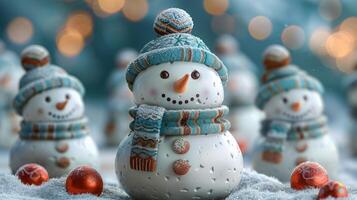 A cute snowman, winter landscape, realistic photo