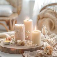 Decorative candles on a work table, boho style photo