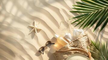 Sunscreen cosmetic bottle on the Beach sand and palm leaf, top view photo