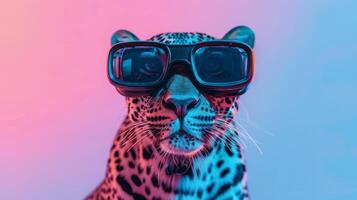 Leopard with 3d VR glasses on the isolated background photo