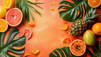 Tropical Fruits and Leaves on Pastel Background top view photo