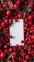 Christmas red berries and paper mockup, winter background photo