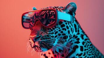 Leopard with 3d VR glasses on the isolated background photo