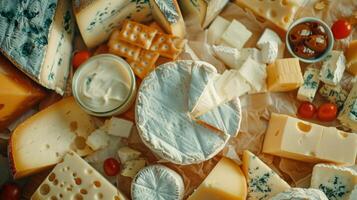 Top view variety organic dairy products and cheeses photo