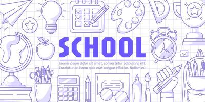 Banner with school supplies, minimalist design, checkered background. Globe, backpack with stationery, paper airplane, calculator, alarm clock, notebook and glasses, schedule, pencil in hand vector