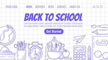 School supplies website template. Globe with books, apple, backpack with stationery, paper airplane, calculator, alarm clock, notebook and glasses. For web, landing page. Checkered background vector