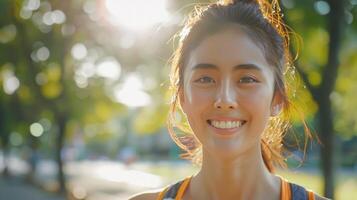 Portrait of a woman running in the park in the morning photo
