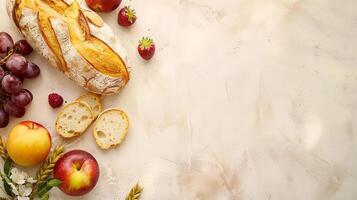 Top view background with a variety of bakery products and bread photo