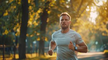 Portrait of a man running in the park in the morning photo