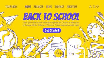 School supplies website template. Globe, backpack with stationery, paper airplane, calculator, alarm clock, pencil in hand, paints. For web, landing page. Yellow background vector