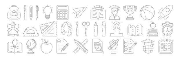 School and education, line icon set, editable stroke. Back to school collection with symbols of knowledge, learning, study, task list, stationery, backpack. For web, mobile app, social media vector