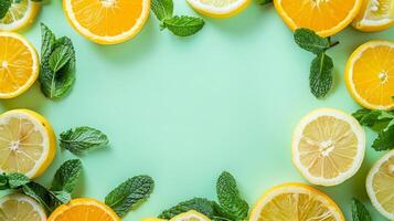 Lemon slices and mint pastel background photo