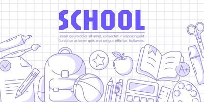 Banner with school supplies, minimalist design, checkered background. Backpack, basketball, sheet of paper, open book, calculator and stationery. For poster, flyer, web, business vector