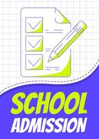 School admission, sheet of paper with checkmarks, pencil. Back to school, education, learning concept. Minimalist poster, a4 format. For banner, cover, web. Checkered background vector