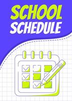 School schedule marked with a check mark in a notepad. Back to school, education, learning concept. Minimalist poster, a4 format. For banner, cover, web. Checkered background vector