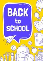 Back to school poster, modern minimalist design with school supplies line pattern, speech bubble. Education, learning, knowledge concept. a4 format. For banner, cover, web, flyer, business vector