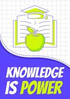 Open book with academic cap, green apple. Knowledge is power, back to school, education, learning concept. Minimalist poster, a4 format. For banner, cover, web. Checkered background vector