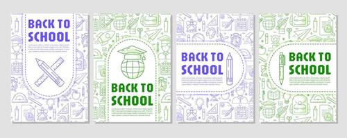Set of back to school poster, blue and green modern minimalist design with school supplies line pattern. Education, learning, knowledge concept. a4 format. For banner, cover, web, flyer, store vector