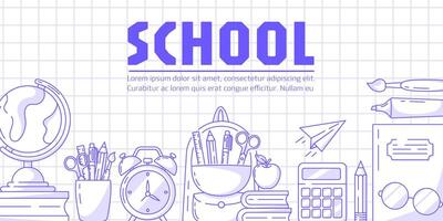 Banner with school supplies, minimalist design, checkered background. Globe with books, apple, backpack with stationery, paper airplane, calculator, alarm clock, notebook and glasses. vector