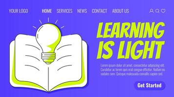 abierto libro con ligero bulbo. aprendizaje es luz, espalda a escuela, educación concepto. moderno modelo para web, bandera, póster, aterrizaje página, sitio web. vector