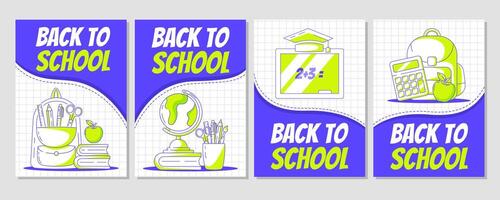 Set of back to school poster, modern minimalist design with school supplies. Backpack with stationery, globe, blackboard, calculator. Education, learning concept. For banner, cover, flyer. A4 vector