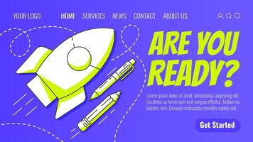 Rocket launch, school supplies, pen and pencil. Back to school, education, learning concept. Modern template for web, banner, poster, landing page, website. Blue background vector