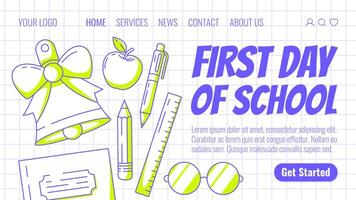 School bell, notebook with glasses, pen, pencil, ruler and apple. Back to school, education, learning concept. Modern template for banner, poster, landing page, website. Checkered background vector